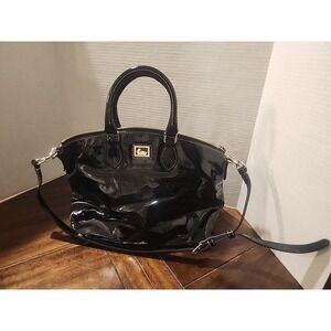 DOONEY & BOURKE Sydney Glossy Black Patent Domed Satchel Handbag Purse Dustbag